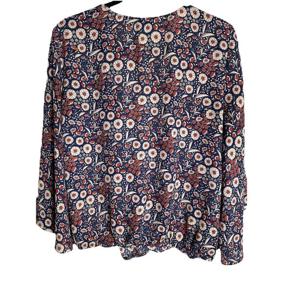 Sanctuary Flared 3/4 Bell Sleeve XL Boho V-Neck Navy Red Floral Blouse - Picture 2 of 10